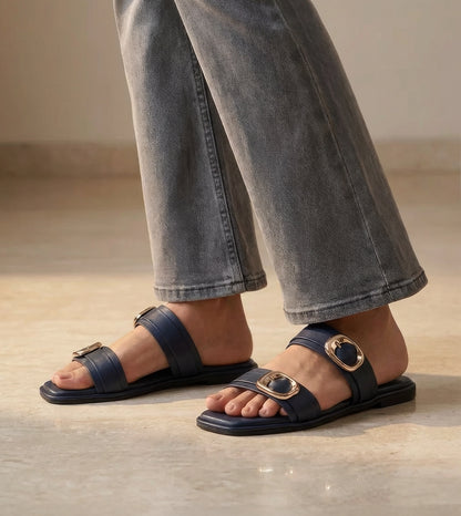 Double Strap Buckled Flat Sandals - Navy Blue