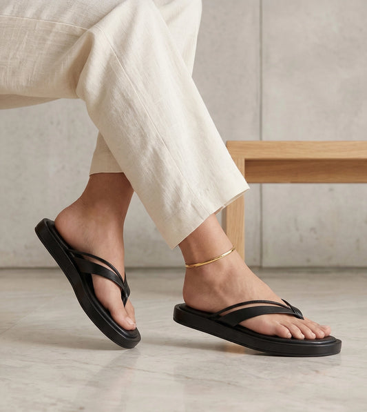 V-Strap Slide Flat Sandals - Black
