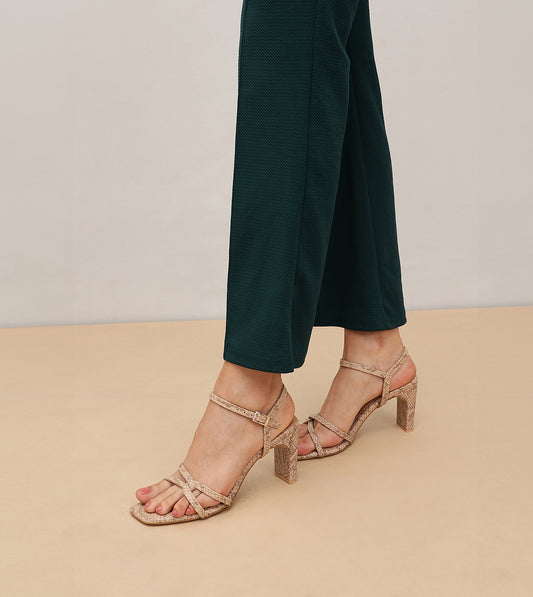 Snake Print Strappy Heeled Sandals - Beige
