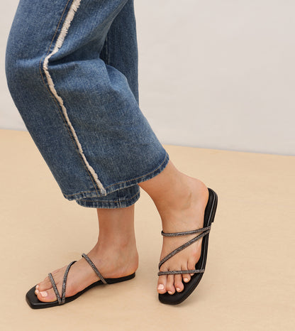 Satin Crystal - Embellished Strappy Sandals - Black