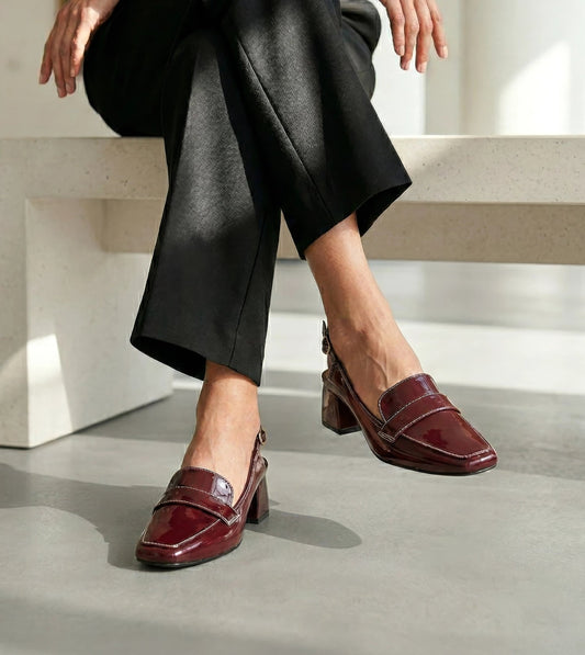 Loafer Slingback Block Heels - Wine