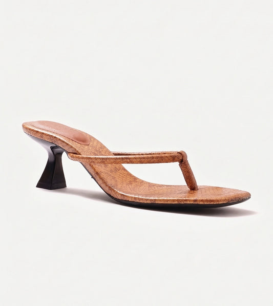 Snake Print Slip On Kitten Heels - Tan