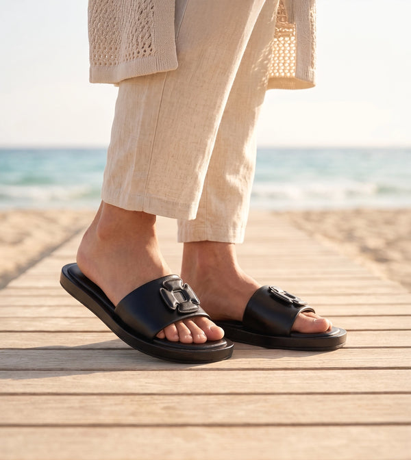 Flower Cutout Slide Sandals - Black