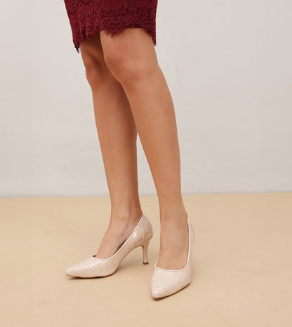 Patent Croc-Effect Print Pointed Toe Pumps - Cream