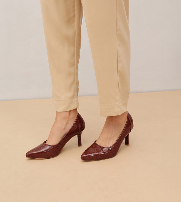 Patent Croc-Effect Print Pointed Toe Pumps - Brown