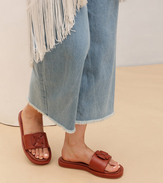 Flower Cutout Slide Sandals - Tan