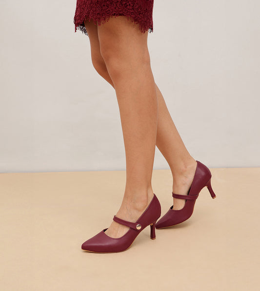 Pointed Toe Mary Jane Pumps - Cherry