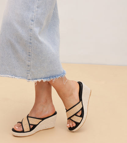 Woven Cross Strap Espadrille Wedges - Black