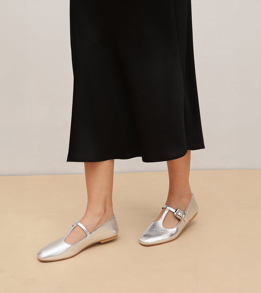 T-Strap Metallic Mary Janes Flats - Silver
