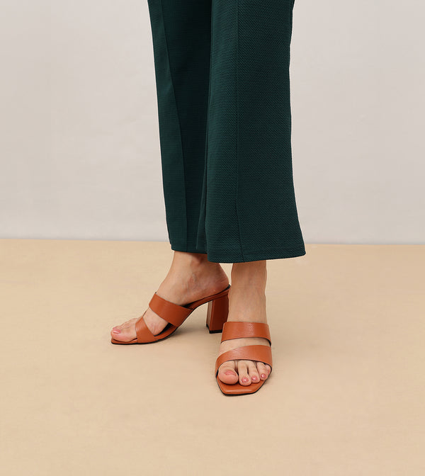 Asymmetric Cutout Block Heeled Slide Sandals - Tan