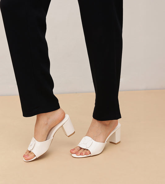 Floral Metallic Adornment Block Heeled Sandals - White