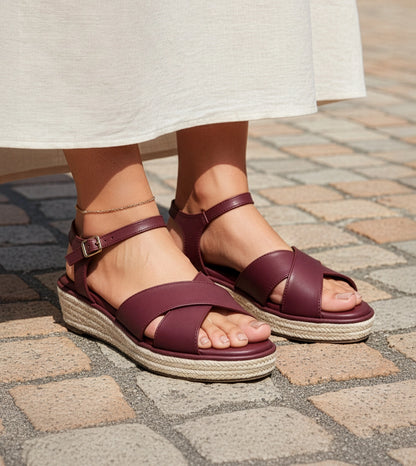 Cross-Strap Espadrille Wedges with Ankle Strap - Maroon
