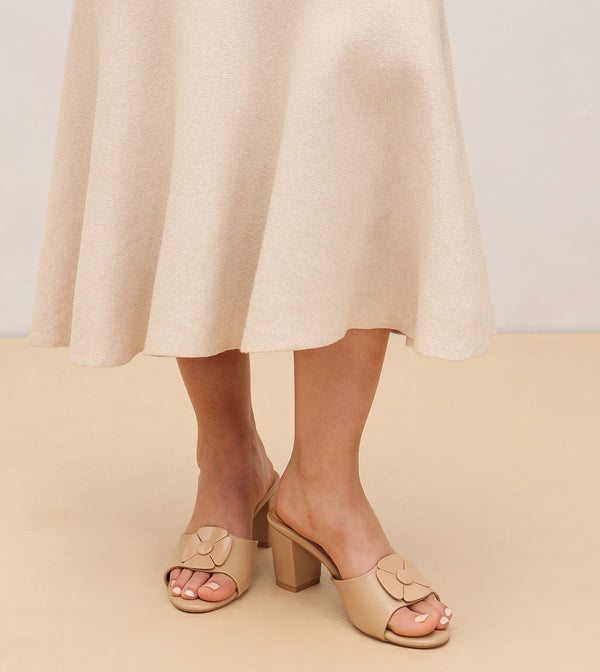 Floral Metallic Adornment Block Heeled Sandals - Beige