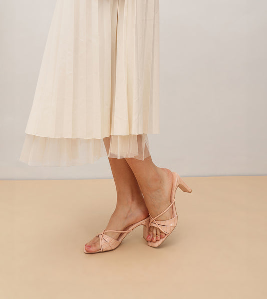 Patent Croco Strappy Sandals - Peach