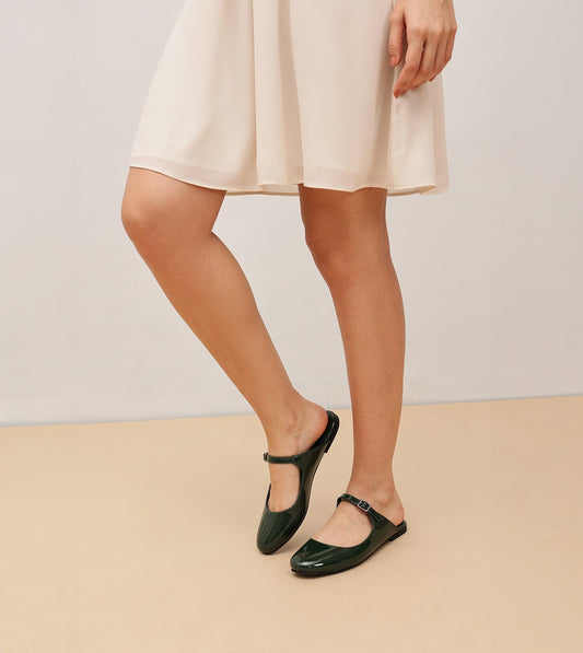 Patent Mules Flats - Dark Green