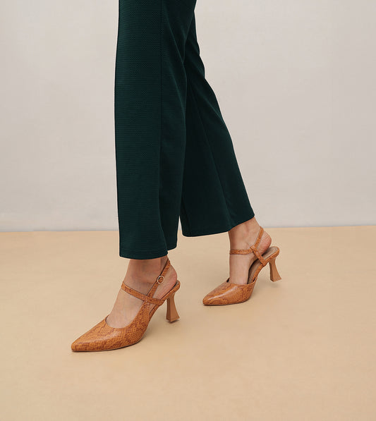 Snake Print Pointed Toe Slingback Pumps - Tan