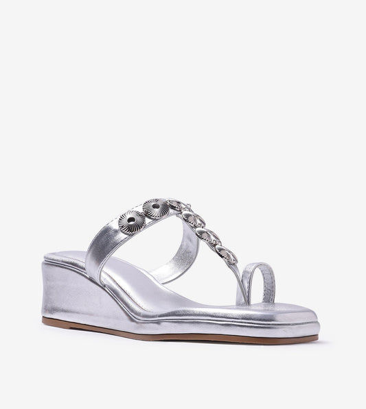Ornate Chain Wedge Sandals - Silver