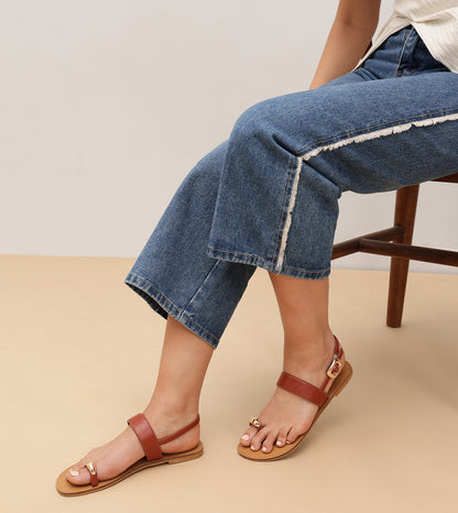 Metallic Accent Toe Ring Flat Sandals - Tan