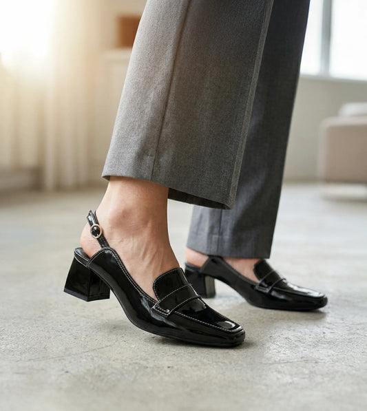 Loafer Slingback Block Heels - Black