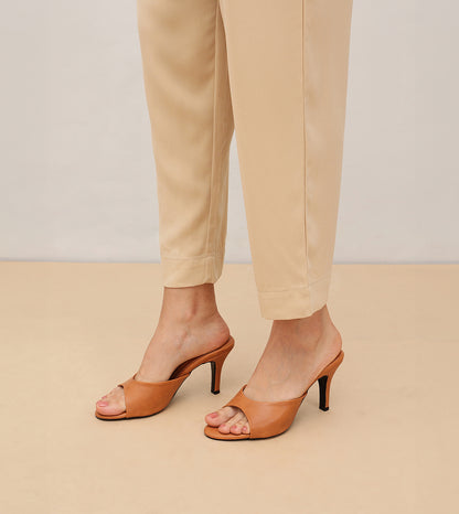Almond Toe Stiletto Mules - Tan
