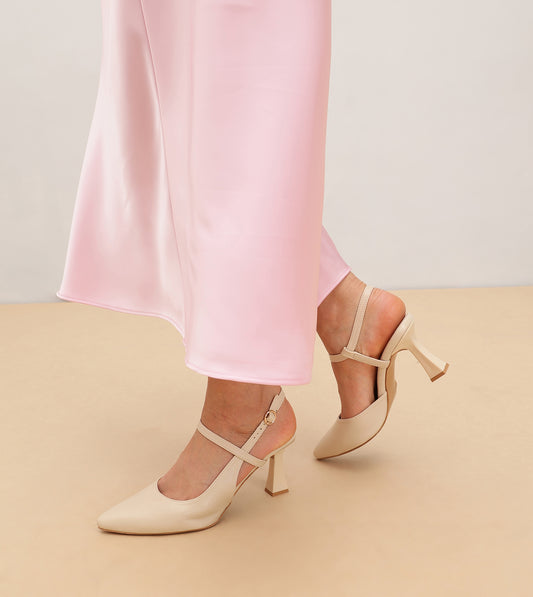 Slingback Pointed Toe Pumps - Cream