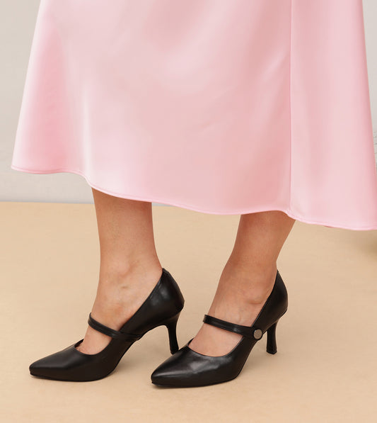 Pointed Toe Mary Jane Pumps - Black