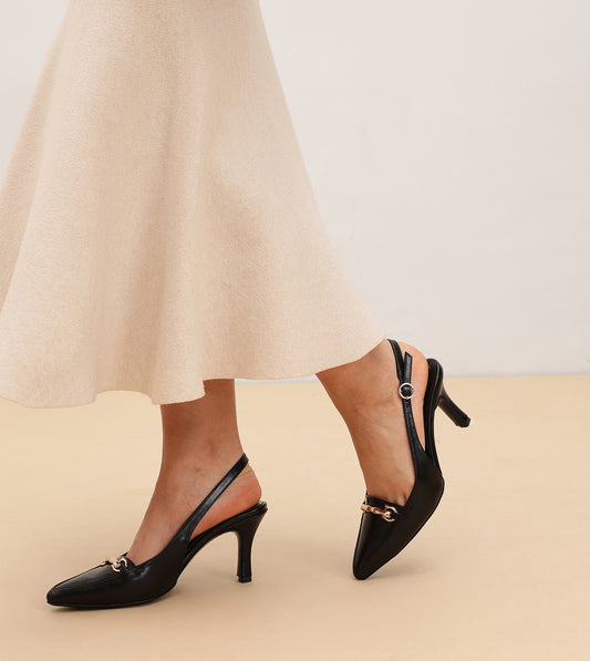 Chain - Embellished Slingback Pumps - Black