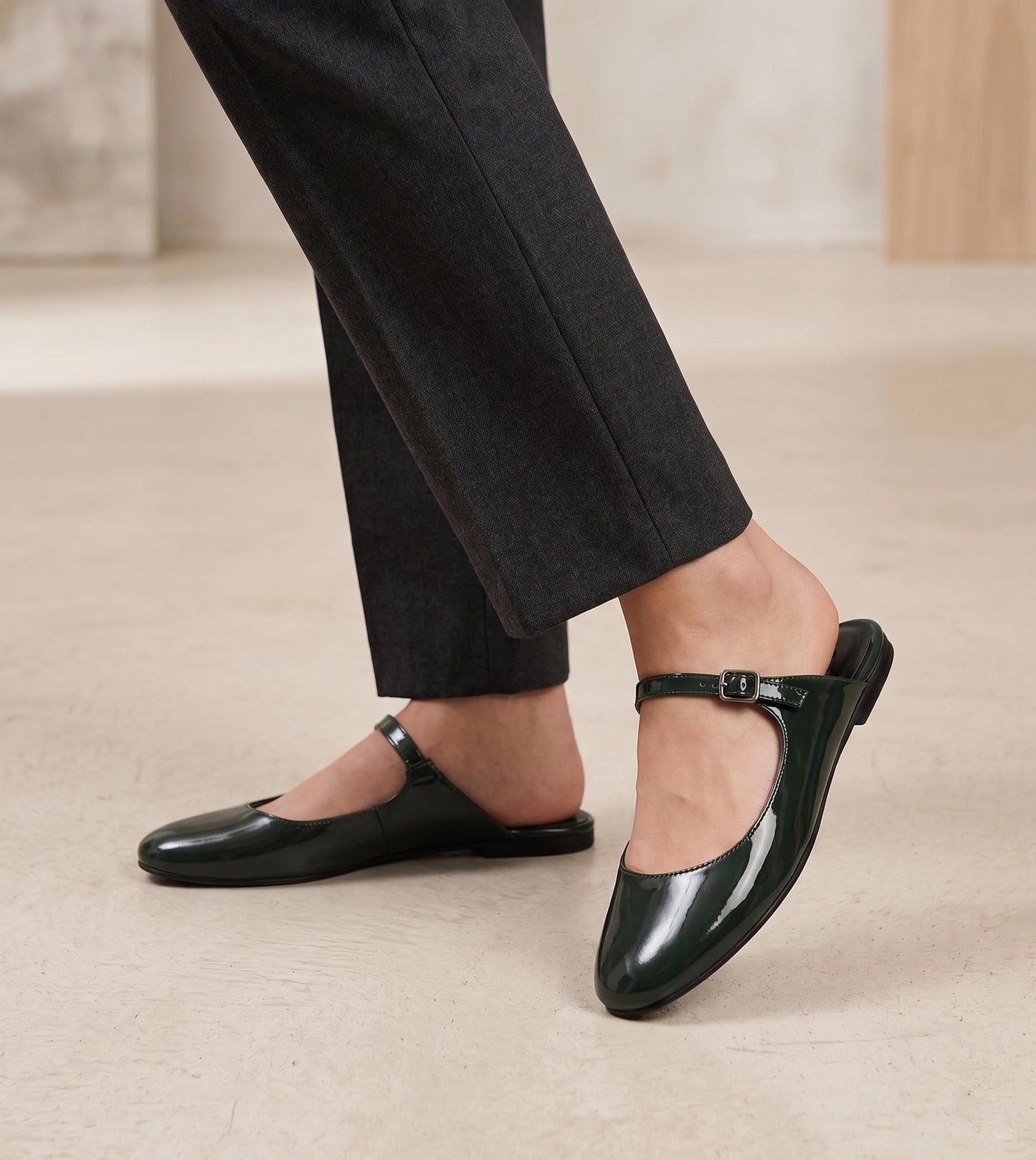 Patent Mules Flats - Dark Green
