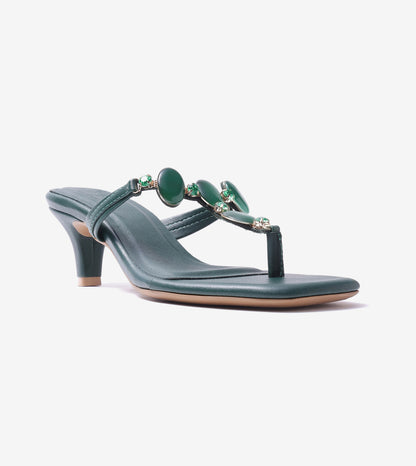 Beaded Heels Sandal - Bottle Green