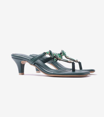 Beaded Heels Sandal - Bottle Green