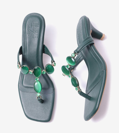 Beaded Heels Sandal - Bottle Green