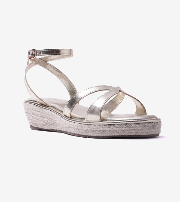 Interlock Detail Ankle Strap Wedges - Light Gold