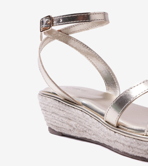 Interlock Detail Ankle Strap Wedges - Light Gold
