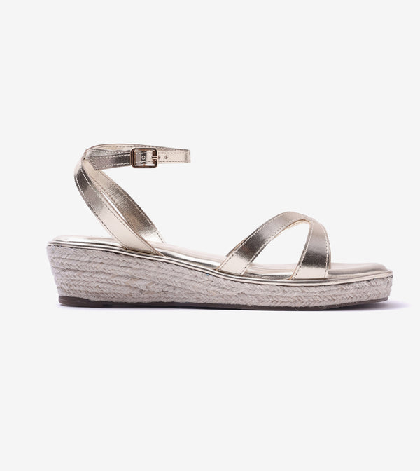 Interlock Detail Ankle Strap Wedges - Light Gold