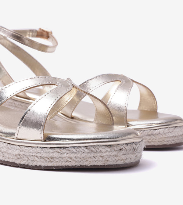 Interlock Detail Ankle Strap Wedges - Light Gold