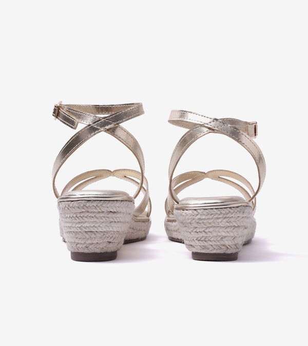 Interlock Detail Ankle Strap Wedges - Light Gold
