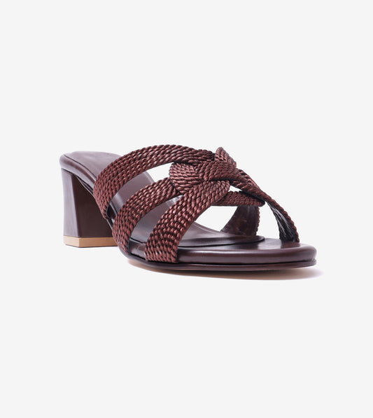 Braided Crossover Block Heels - Brown