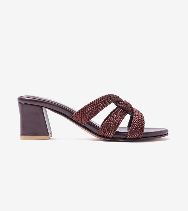 Braided Crossover Block Heels - Brown