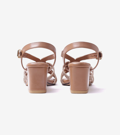 Interwoven Strap Block Heel Sandals - Beige