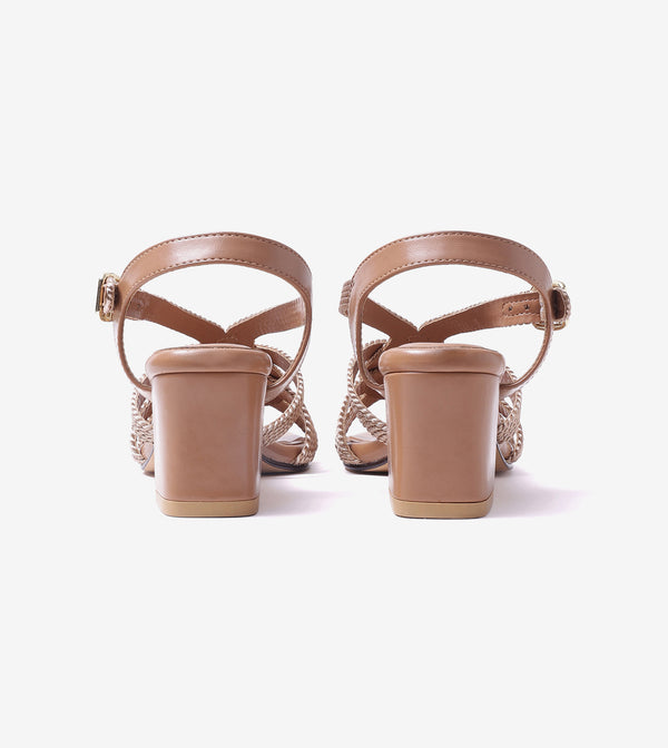 Interwoven Strap Block Heel Sandals - Beige