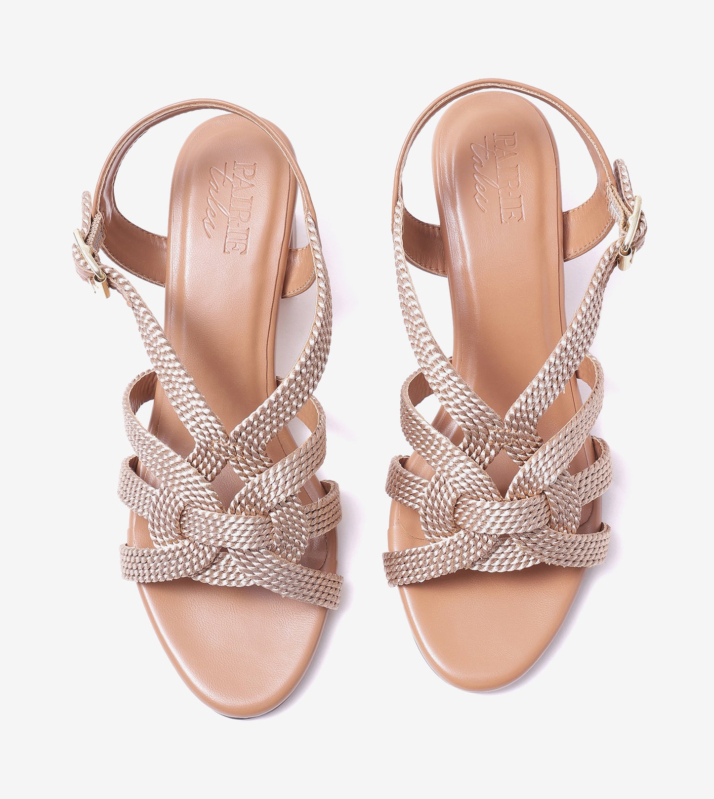Interwoven Strap Block Heel Sandals - Beige