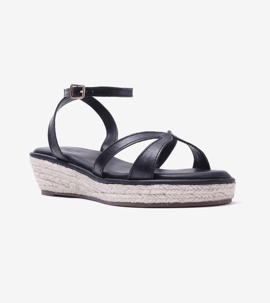 Interlock Detail Ankle Strap Wedges - Black