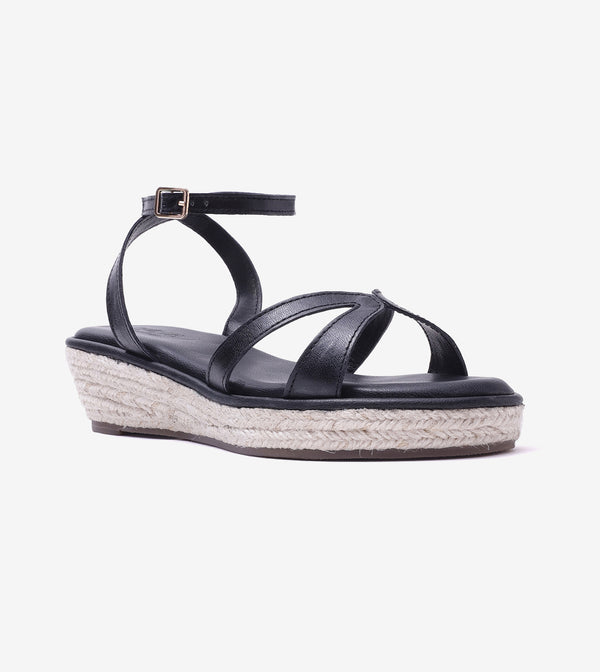 Interlock Detail Ankle Strap Wedges - Black