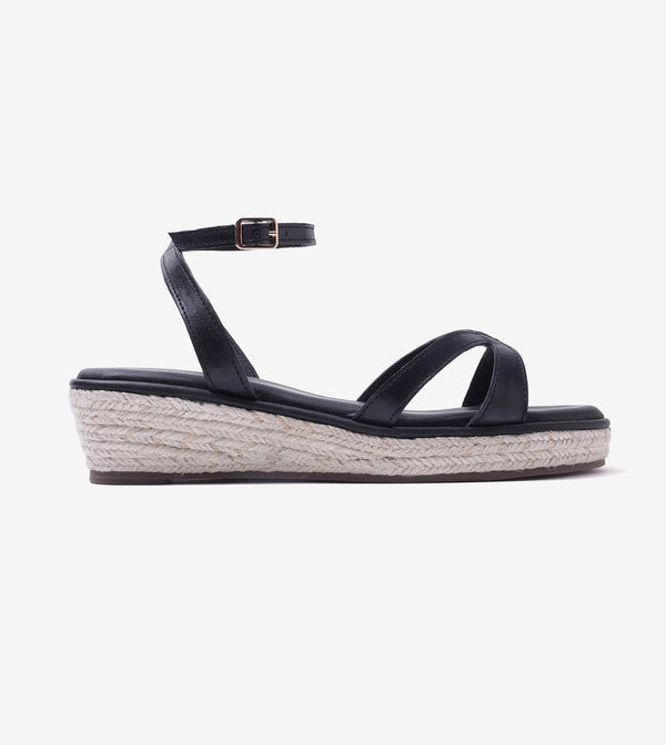 Interlock Detail Ankle Strap Wedges - Black
