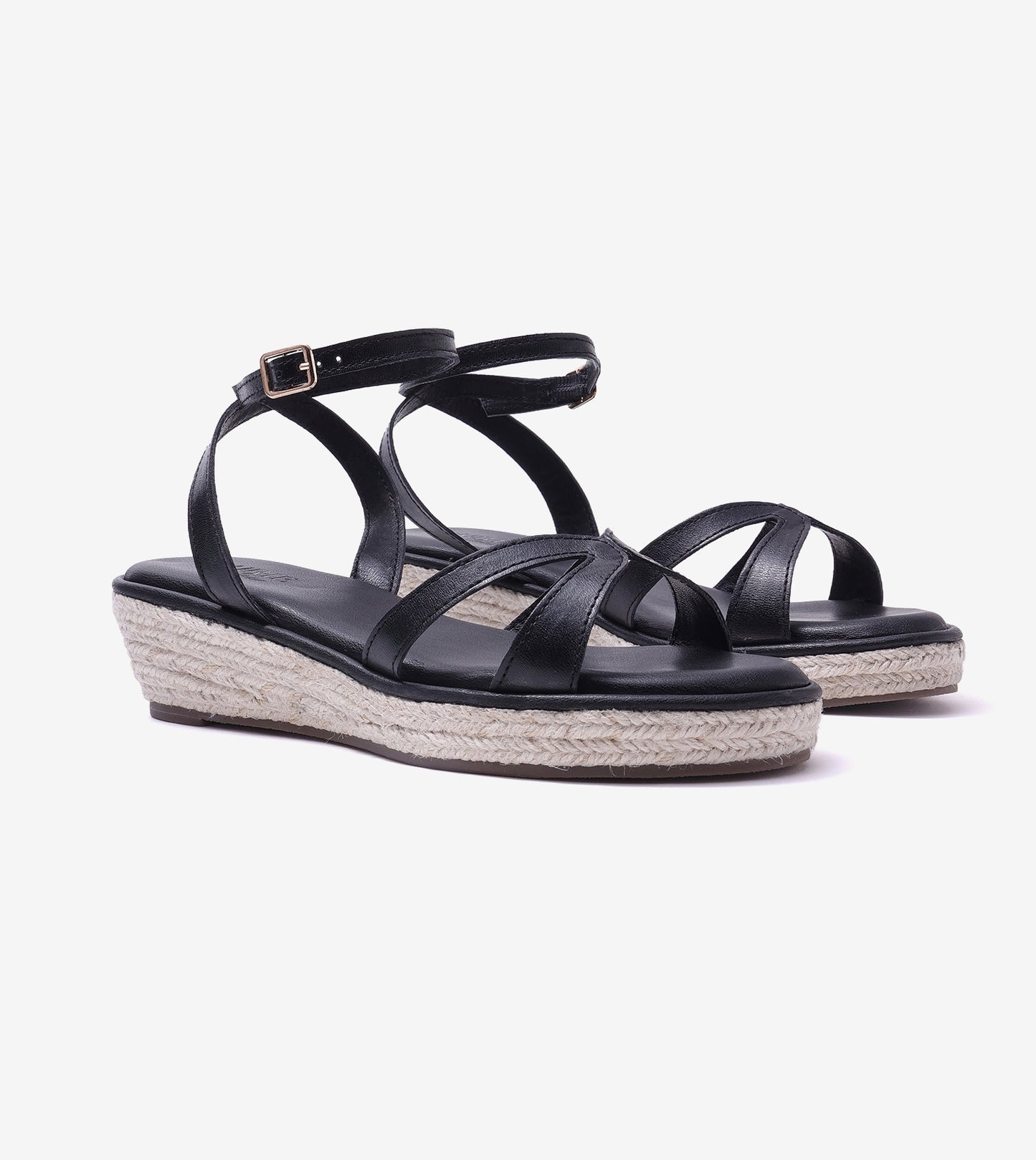 Interlock Detail Ankle Strap Wedges - Black