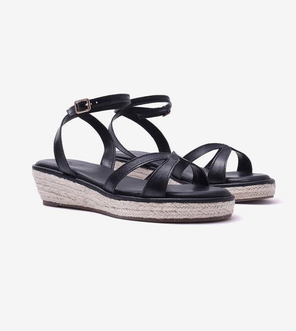 Interlock Detail Ankle Strap Wedges - Black