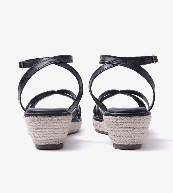 Interlock Detail Ankle Strap Wedges - Black