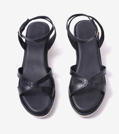 Interlock Detail Ankle Strap Wedges - Black