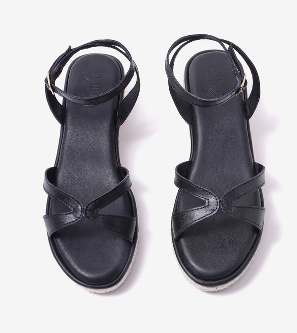 Interlock Detail Ankle Strap Wedges - Black