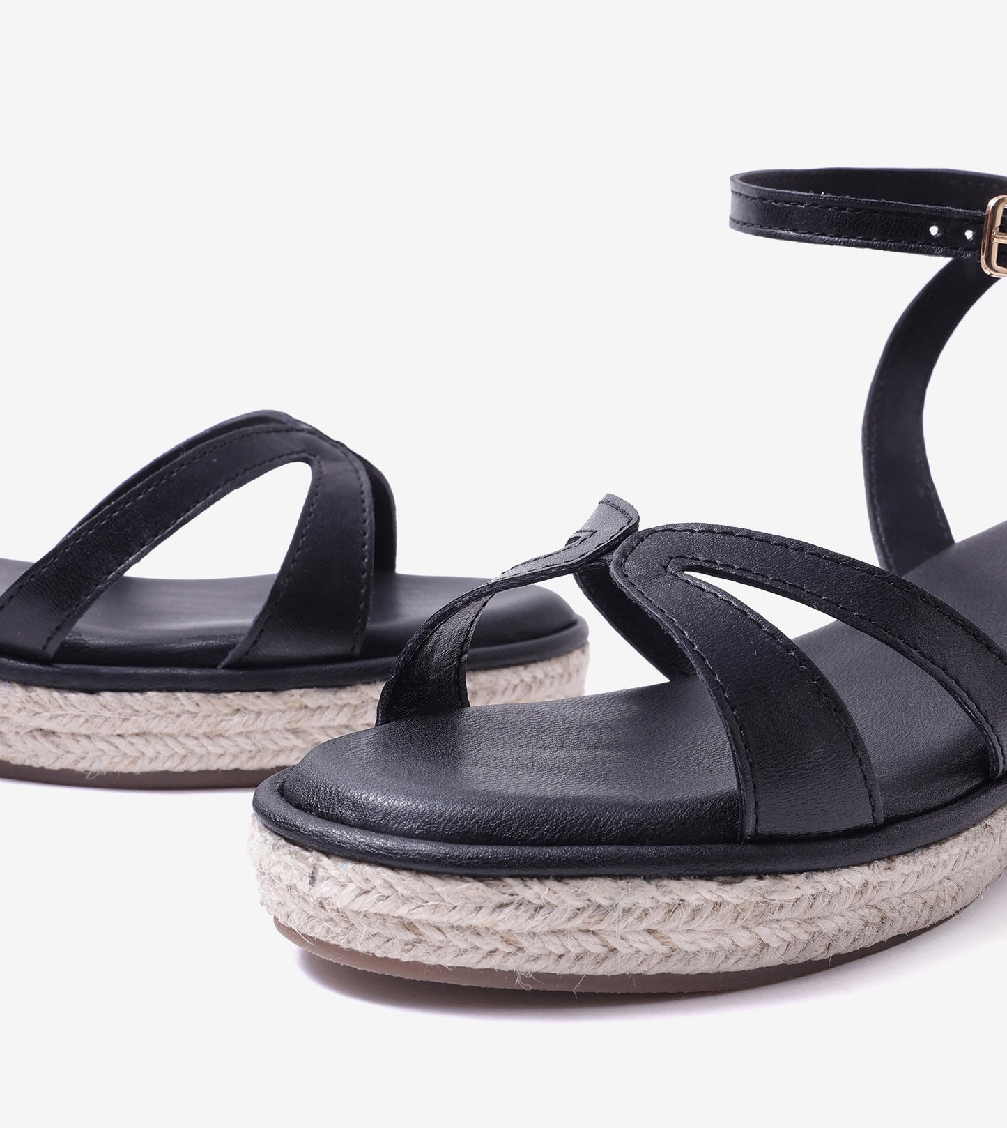 Interlock Detail Ankle Strap Wedges - Black